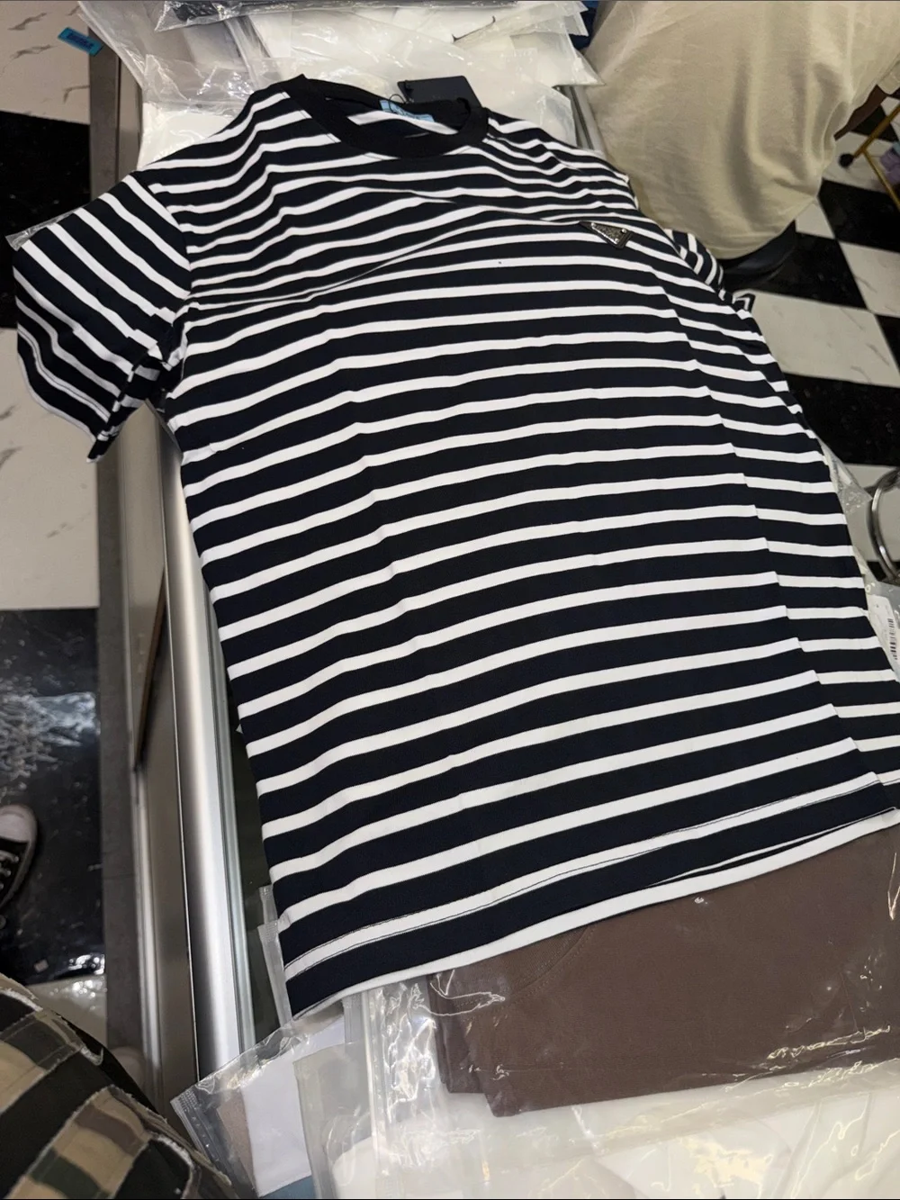 Prada Navy and White Horizontal Stripe Short-Sleeve Tee
